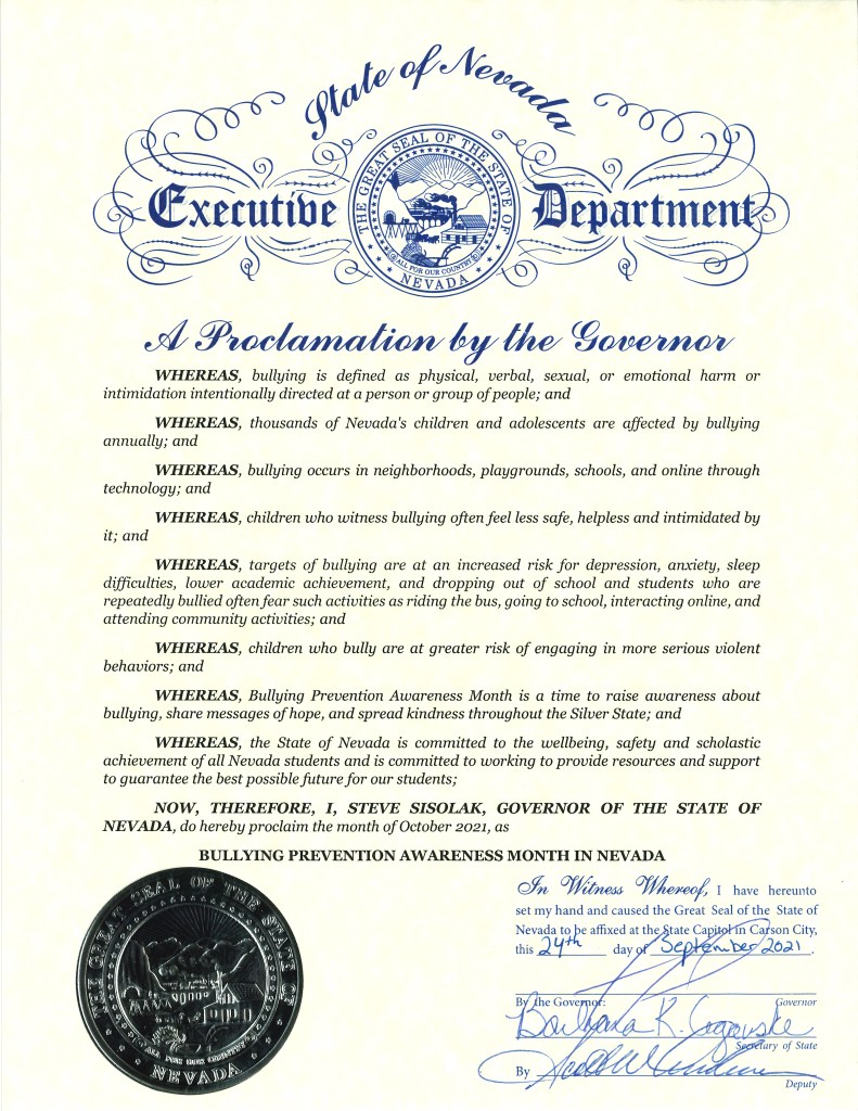 Nevada Governor Steve Sisolak Proclaims October As Bullying Prevention