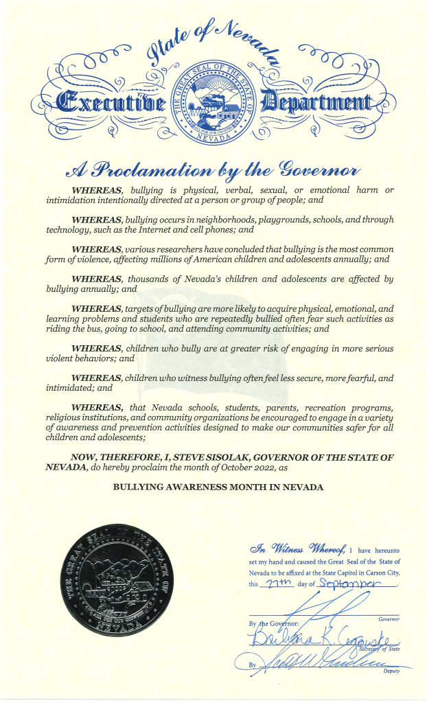 Nevada Governor Steve Sisolak Proclaims October 2022 As Bullying